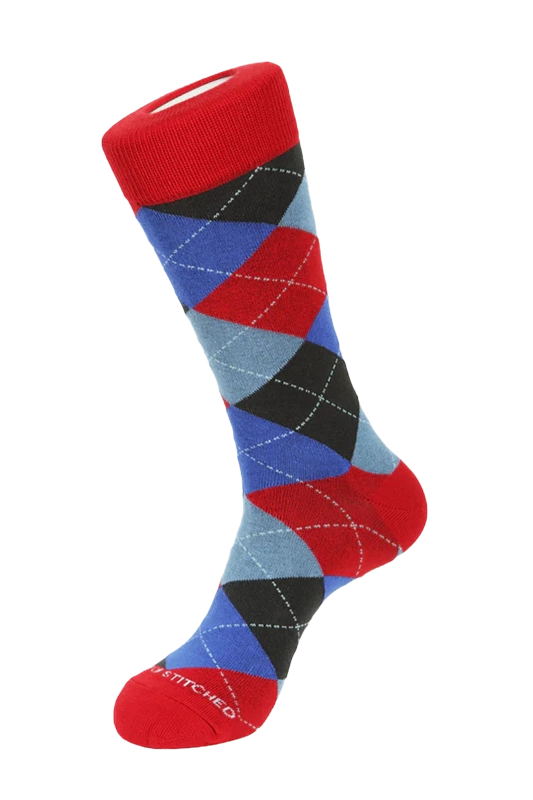 Argyle pattern sock in red/blue/grey 
