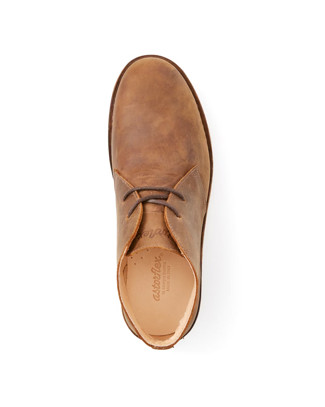 Top-down view of Astorflex Greenflex chukka boot in dark chestnut nubuck with visible laces and padded leather interior lining