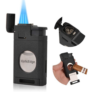 XoticEdge Aurora black stone triple torch lighter firing blue flame with built-in dual guillotine cutter cutting cigar inset views