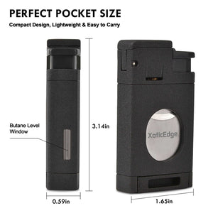 XoticEdge Aurora triple torch lighter black stone size guide — 3.14 inch height 1.65 inch width compact pocket cigar lighter with butane window