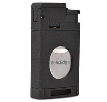 XoticEdge Aurora triple torch lighter with built-in cutter black stone finish white background — compact cigar lighter and cutter combo
