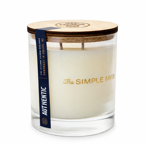 Candle with wooden lid and 'The Simple Man' branding on a white background - Authentic with lid on