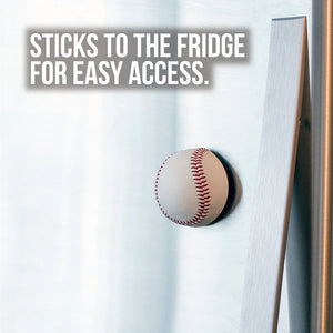Baseball Bottle opener, shown on the front of a refrigerator