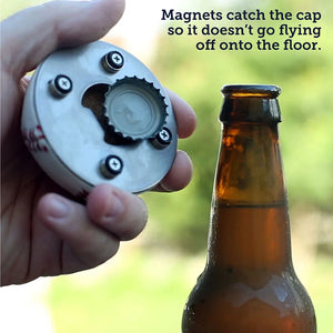 Baseball Bottle opener showing magnets catching the bottle cap
