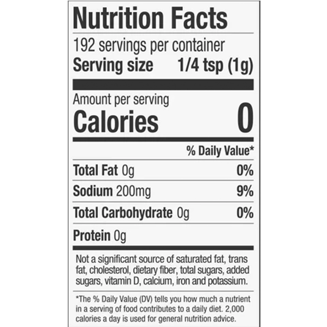 Nutrition facts label for a product with 192 servings per container, serving size 1/4 tsp, and no calories.