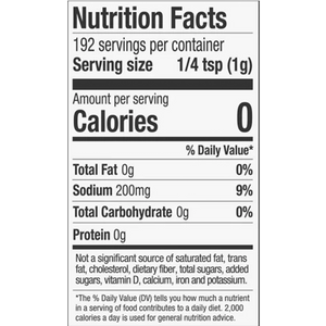 Nutrition facts label for a product with 192 servings per container, serving size 1/4 tsp, and no calories.