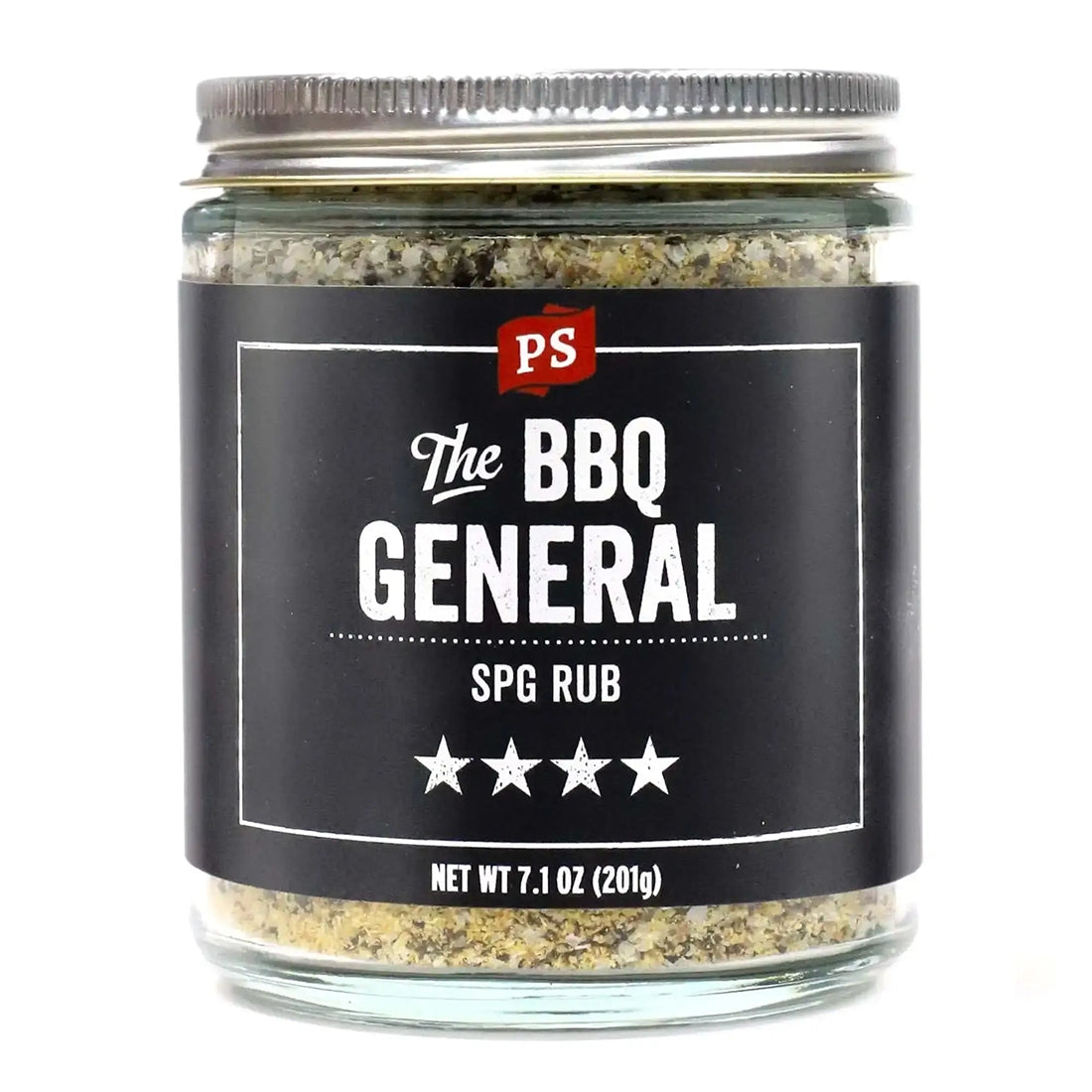 PS Seasoning The BBQ General SPG Rub 7.1oz glass jar – salt pepper garlic onion BBQ seasoning blend white background

