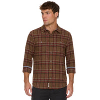 Man wearing the brown and red plaid flannel shirt, front view