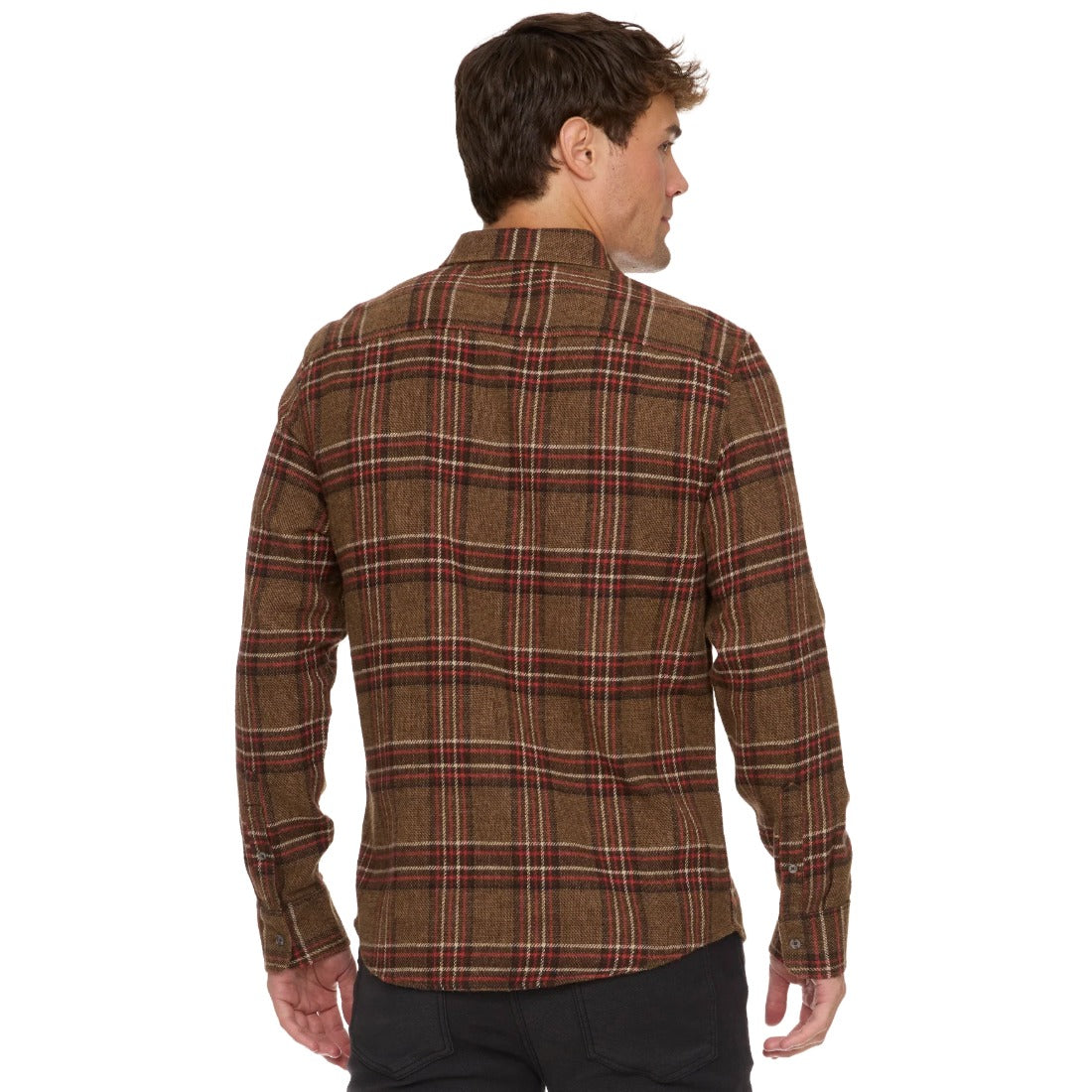 Back view of the brown and red plaid flannel shirt on a model