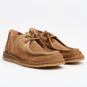 Pair of whiskey suede Beenflex shoes showing the stitched moccasin toe and laces, front view, The Simple Man
