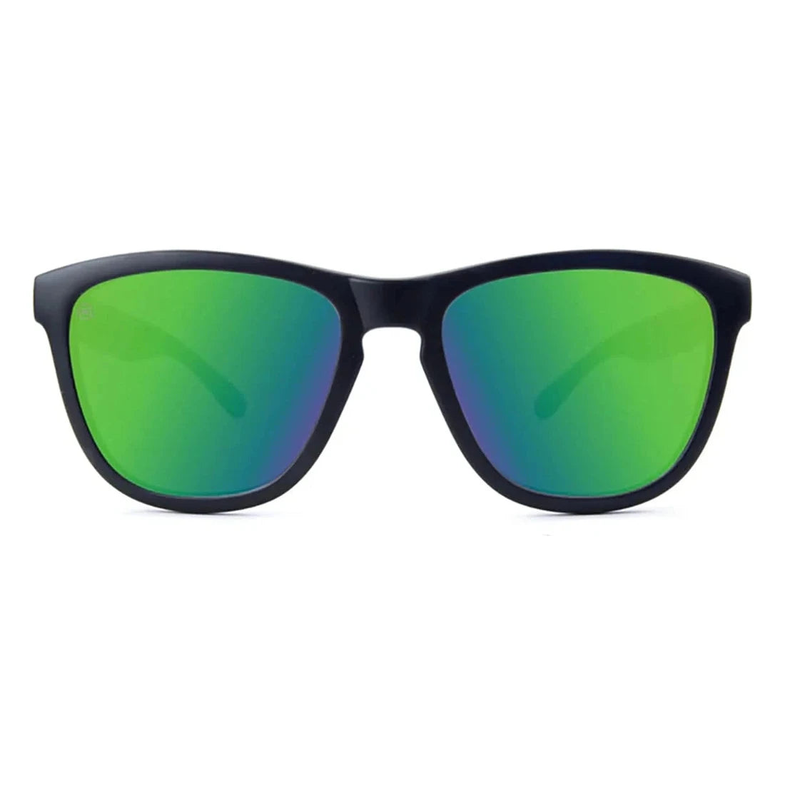 Premiums sunglasses in black with green moonshine lenses, front view, The Simple Man