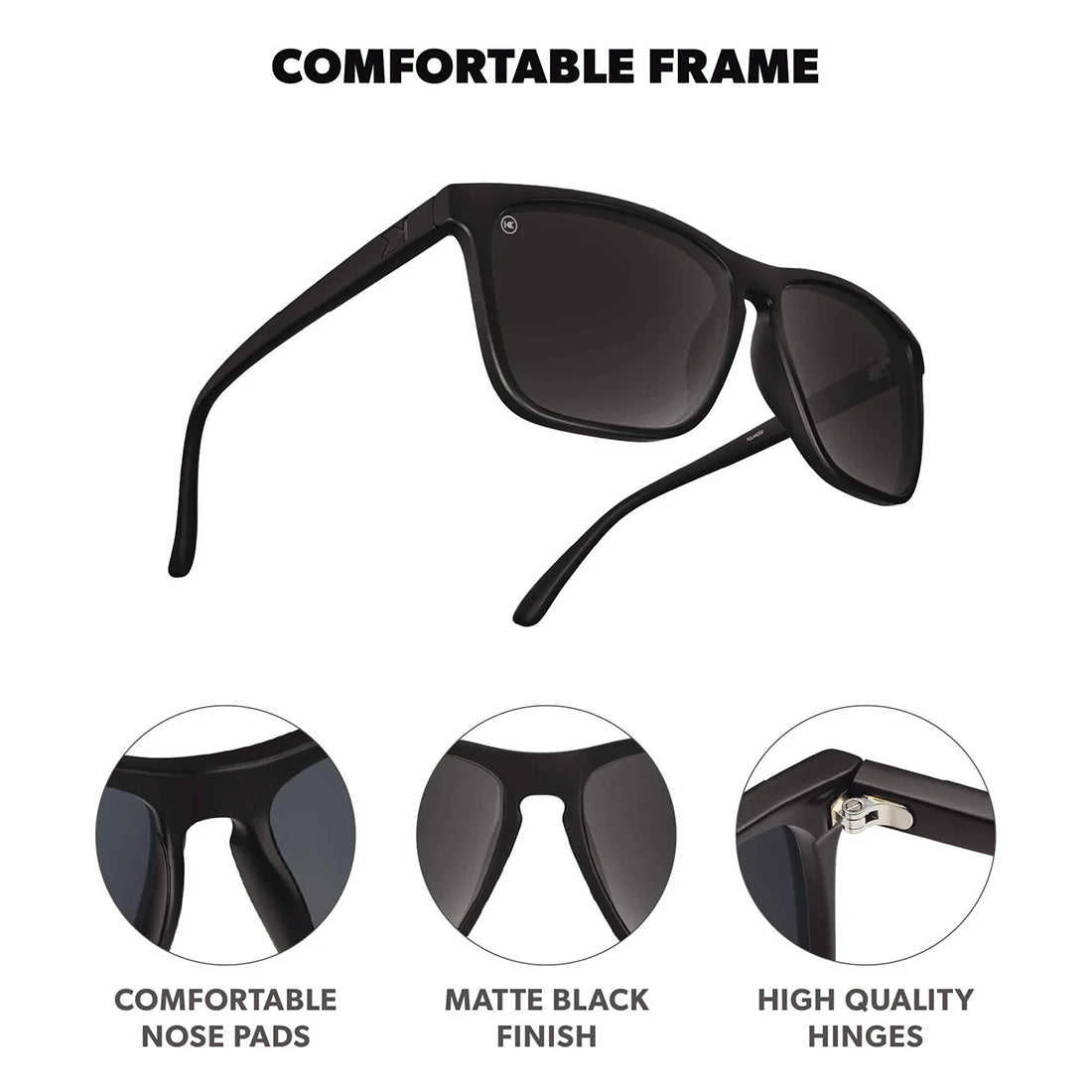 Knockaround Fast Lanes Black on Black Smoke frame detail — matte black finish comfortable nose pads high quality hinges