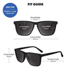 Knockaround Fast Lanes Black on Black fit guide — 148mm frame width 56mm lens width 15mm nose bridge medium large head size