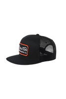Black Brixton Grade HP Trucker Hat with mesh back, flat bill, and embroidered patch – men's snapback cap available at The Simple Man