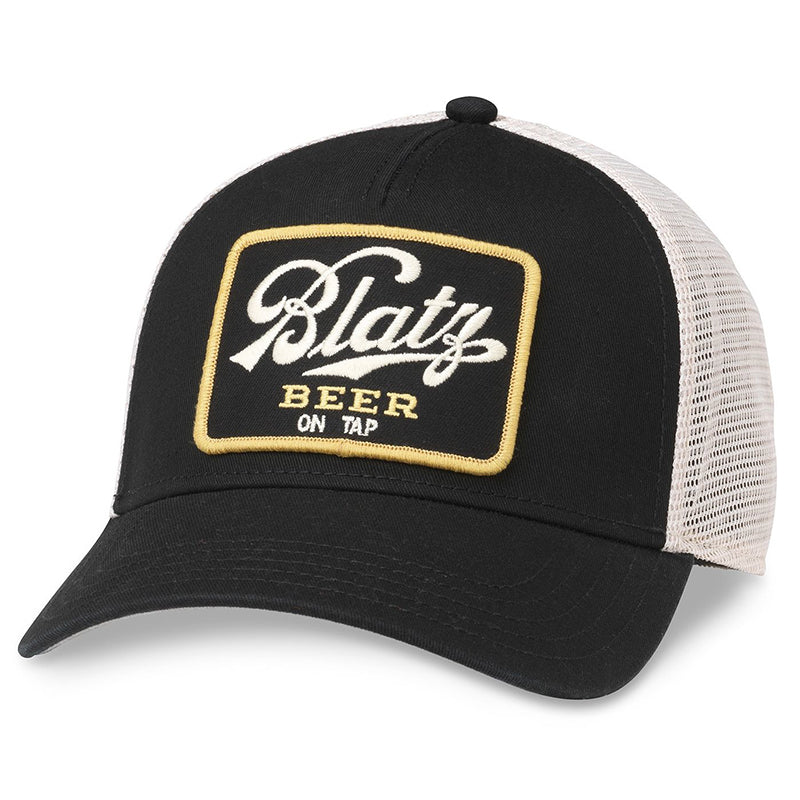 Blatz Beer Trucker cap with Black and gold logo on front, with white mesh on the back