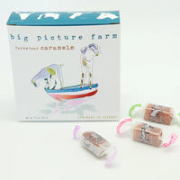 Big Picture Farm Farmstead Caramels Boat Box Brown Butter Bourbon 3.2oz with individually wrapped caramels white background