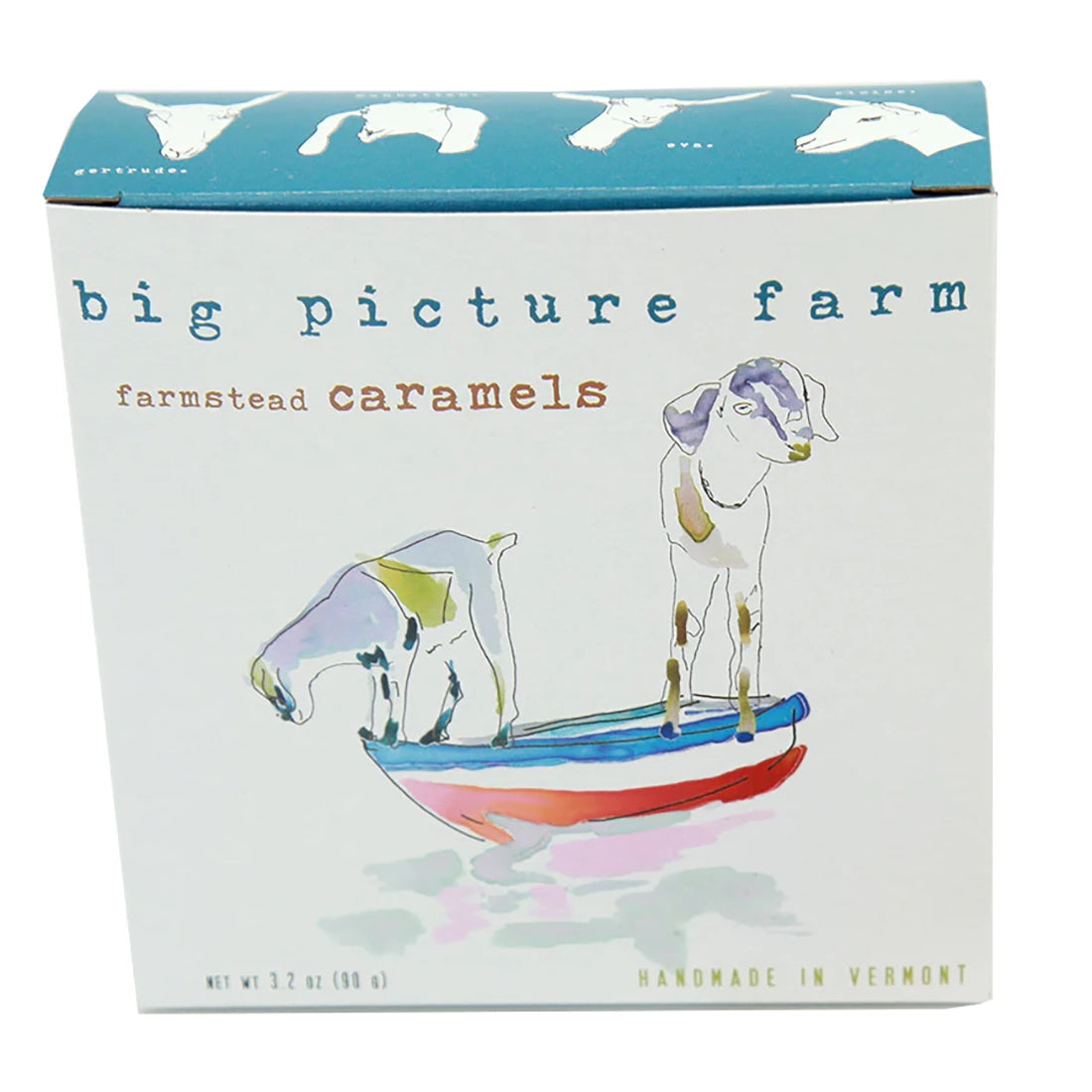 Big Picture Farm Farmstead Caramels Boat Box front view — handmade Vermont goat milk caramels Brown Butter Bourbon flavor white background