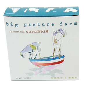 Big Picture Farm Farmstead Caramels Boat Box front view — handmade Vermont goat milk caramels Brown Butter Bourbon flavor white background