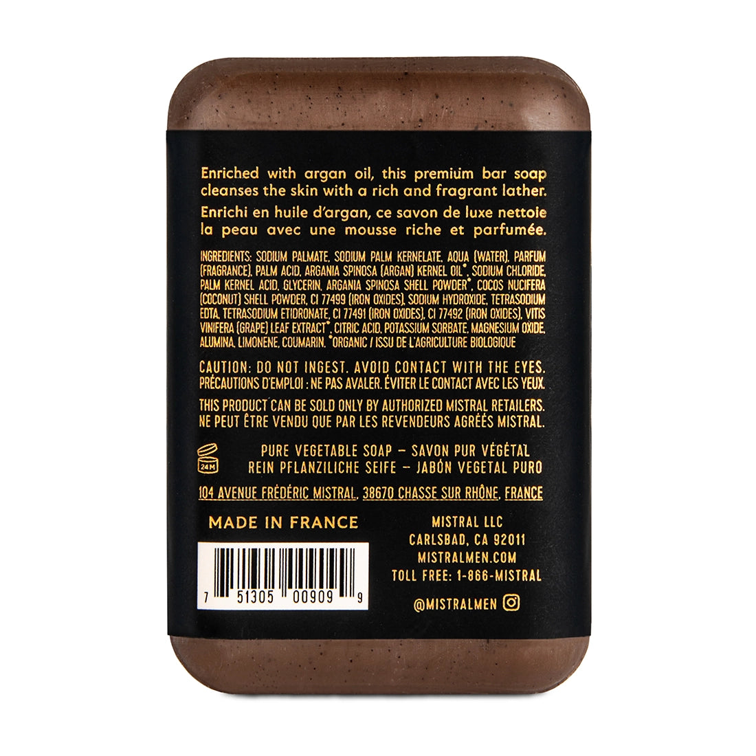 Mistral Bourbon Vanilla Luxury Bar Soap back label – men's argan oil triple-milled soap made in France with ingredient list