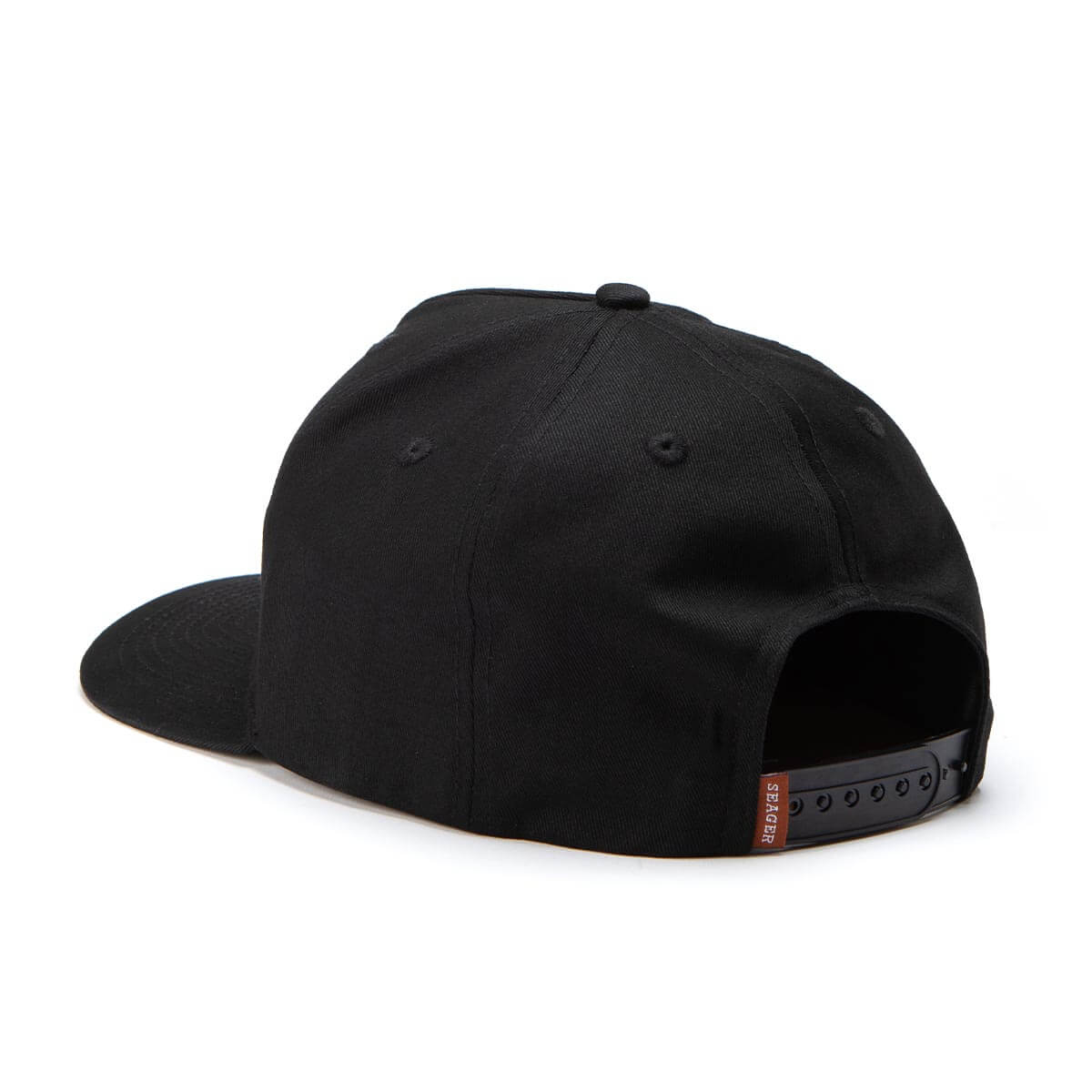 High-profile structured black snapback hat rear view - Seager Bradley