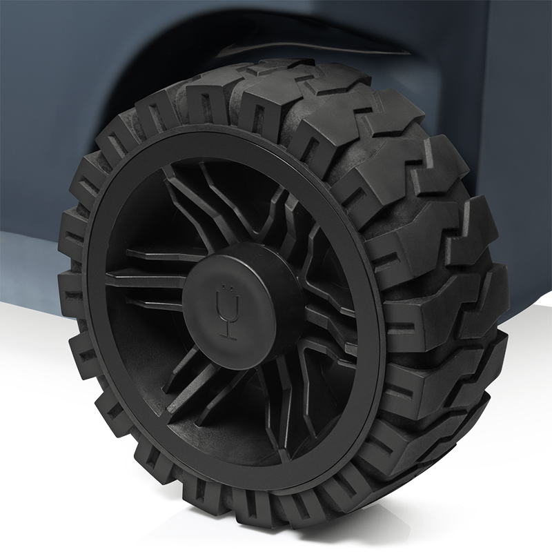 Brümate's brutank all terrain cooler in Nightfall blue close up view of wheel