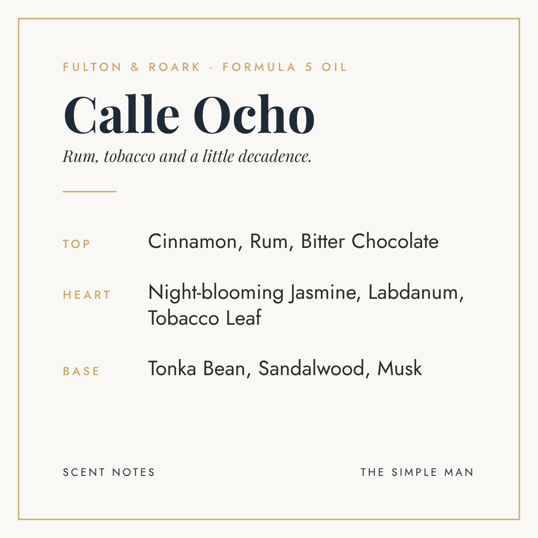 Calle Ocho Formula 5 oil scent notes: cinnamon, rum, jasmine, tobacco leaf, tonka bean and sandalwood, The Simple Man