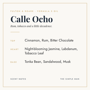 Calle Ocho Formula 5 oil scent notes: cinnamon, rum, jasmine, tobacco leaf, tonka bean and sandalwood, The Simple Man