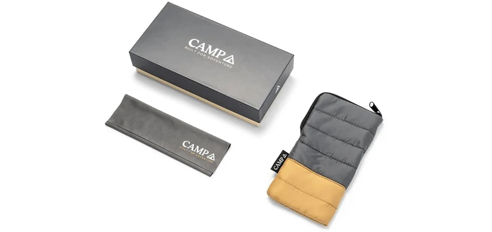 Camp Sunglasses Packaging that includes: box, pouch and cleaning cloth