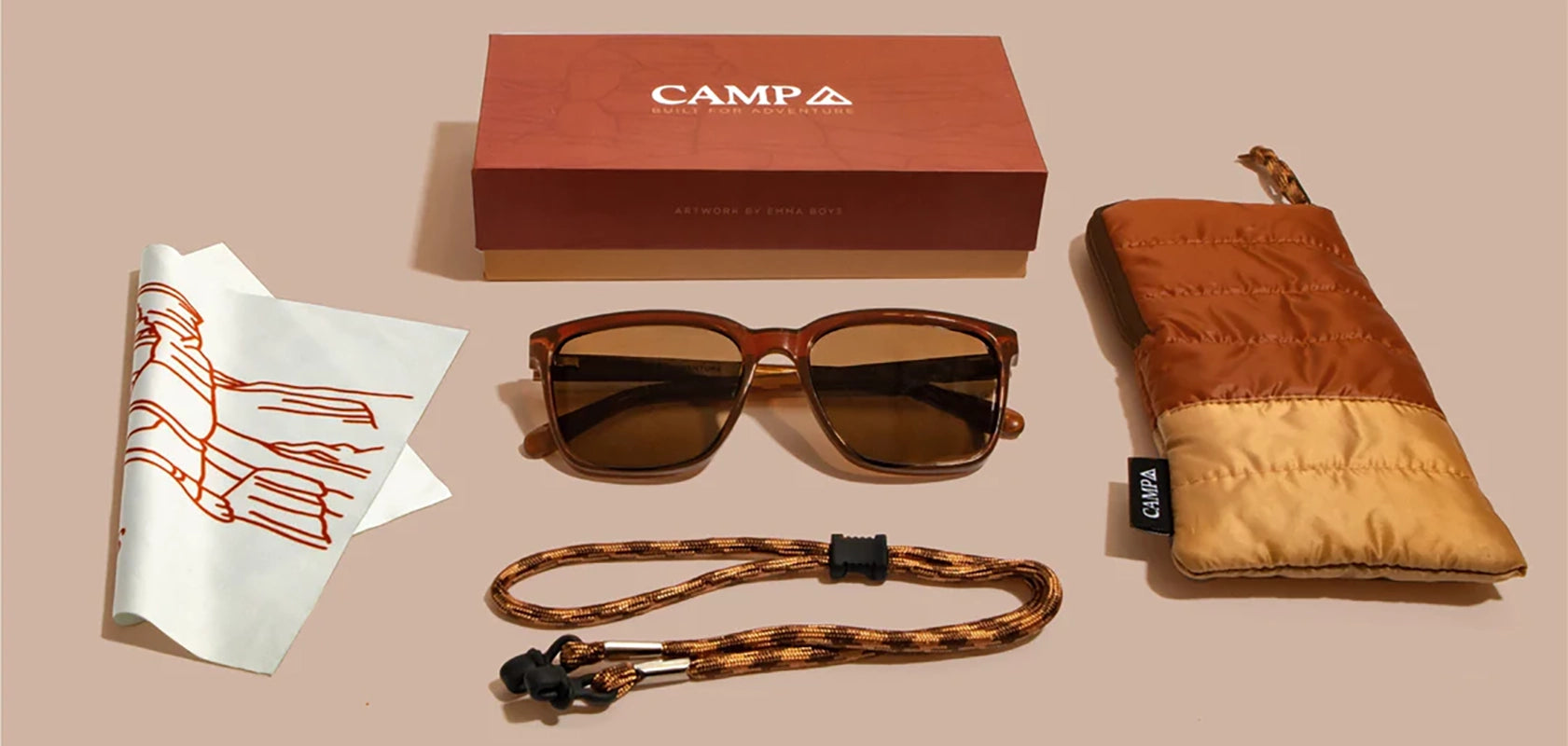 Camp Sunglasses limited edition National parks Packaging that includes: box, cleaning cloth with artwork on it, pouch, and sunglasses tether