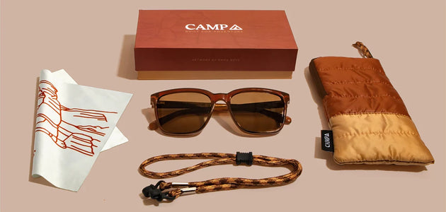 Camp Sunglasses limited edition National parks Packaging that includes: box, cleaning cloth with artwork on it, pouch, and sunglasses tether