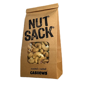 

Nutsack Nuts roasted salted cashews in kraft bag with window – whole cashews, coconut oil roasted, men's snack gift