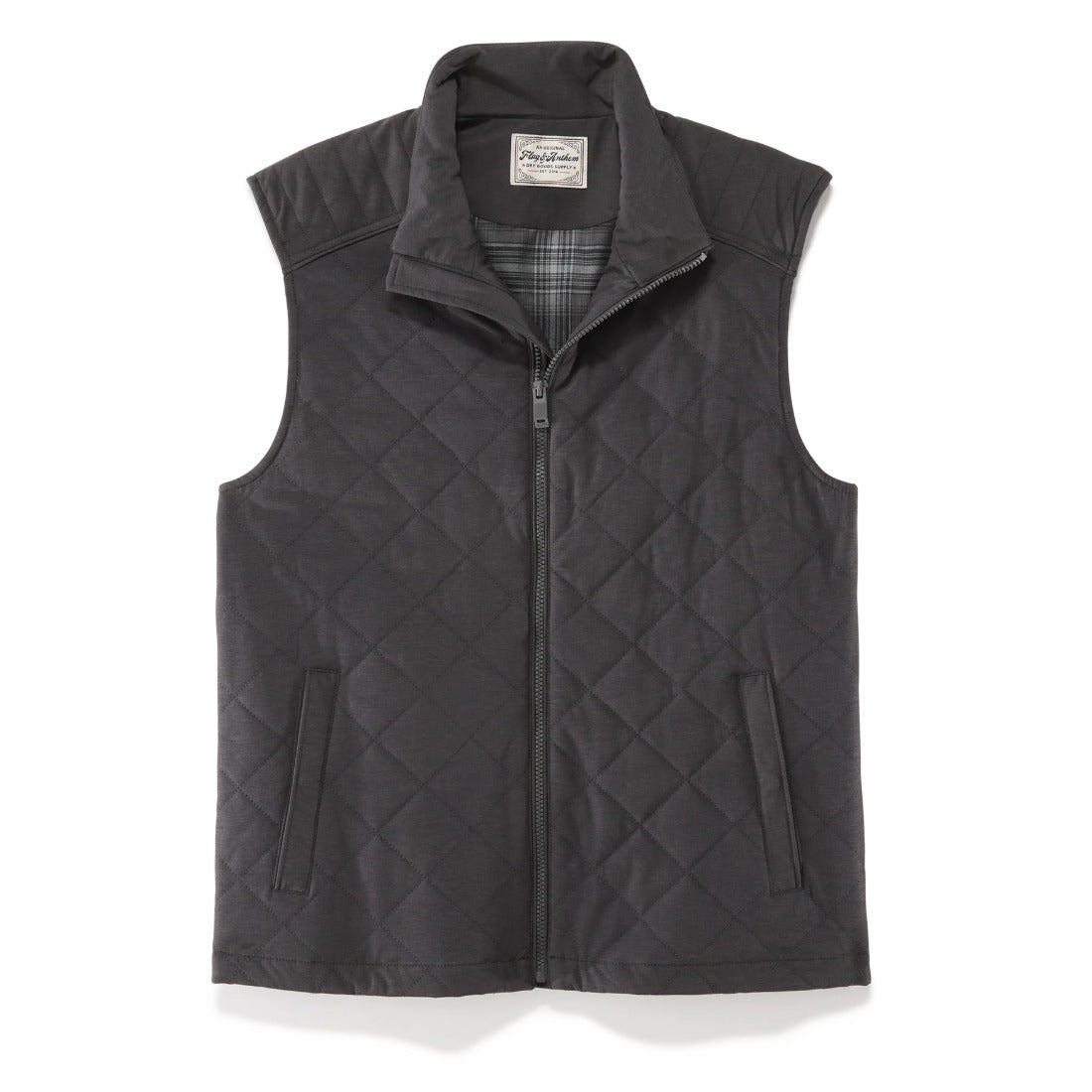 Flat lay of the charcoal diamond-quilted vest with stand collar and zip front