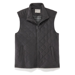 Flat lay of the charcoal diamond-quilted vest with stand collar and zip front