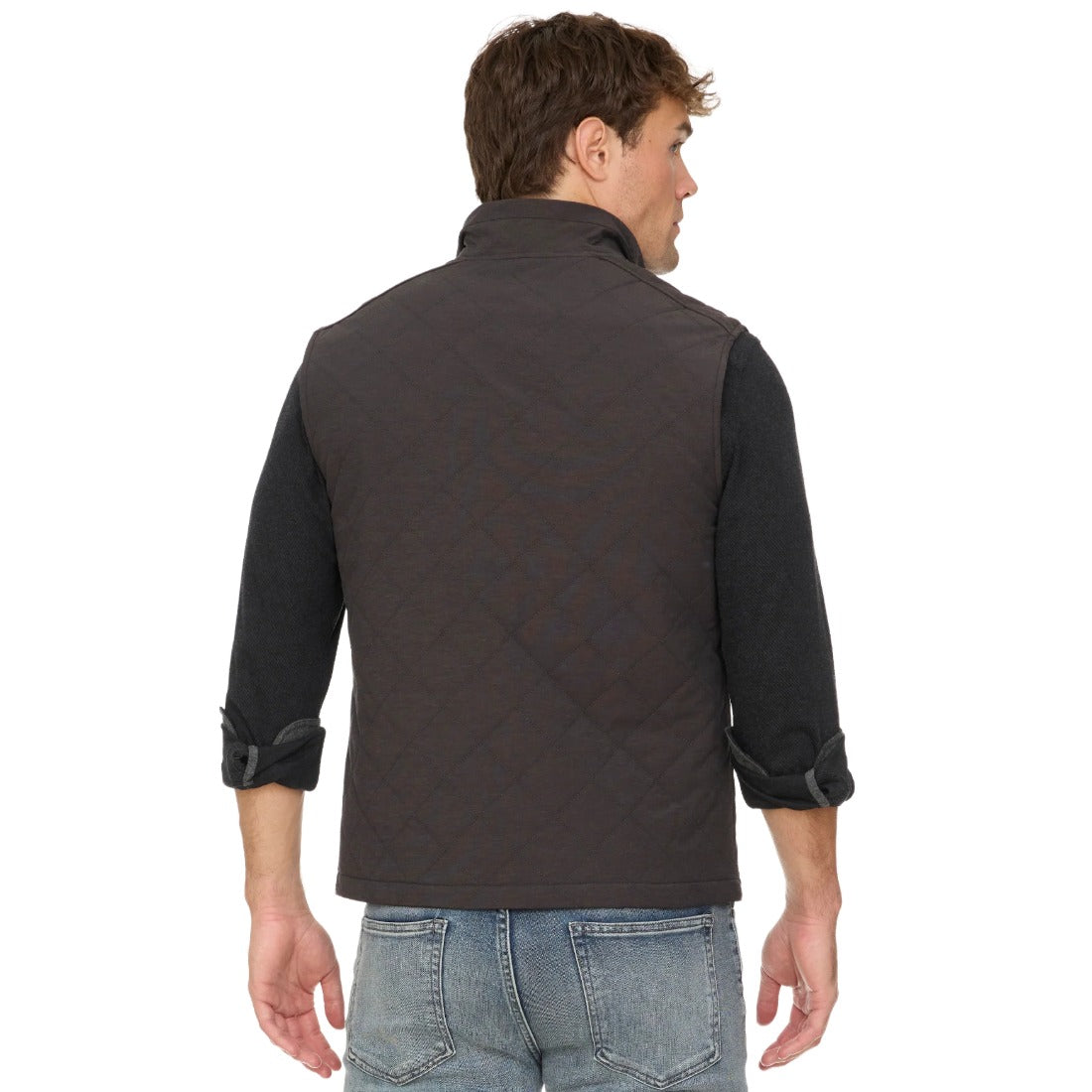 Back view of the charcoal quilted vest on a model