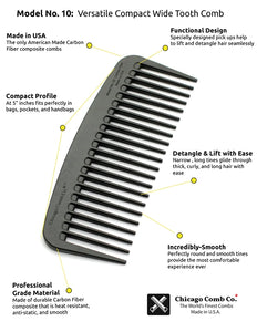 Chicago Comb Model #10, carbon fiber comb, info graphic detailing benefits of the comb