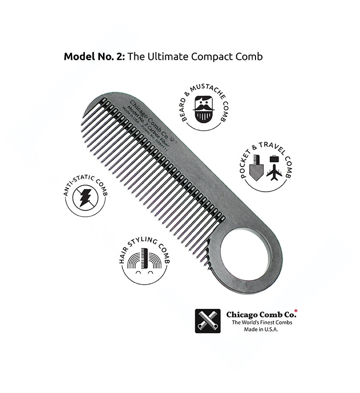 Chicago Comb Model #2, carbon fiber comb info graphic detailing the benefits of the comb