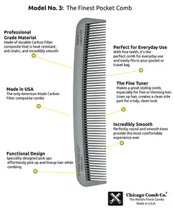 Chicago Comb Model #3, carbon fiber comb info graphic detailing the benefits of the comb