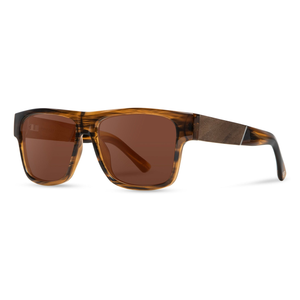 Cliff Sunglasses with tortoise frame and brown polarized lenses, angled side view showing the walnut temple