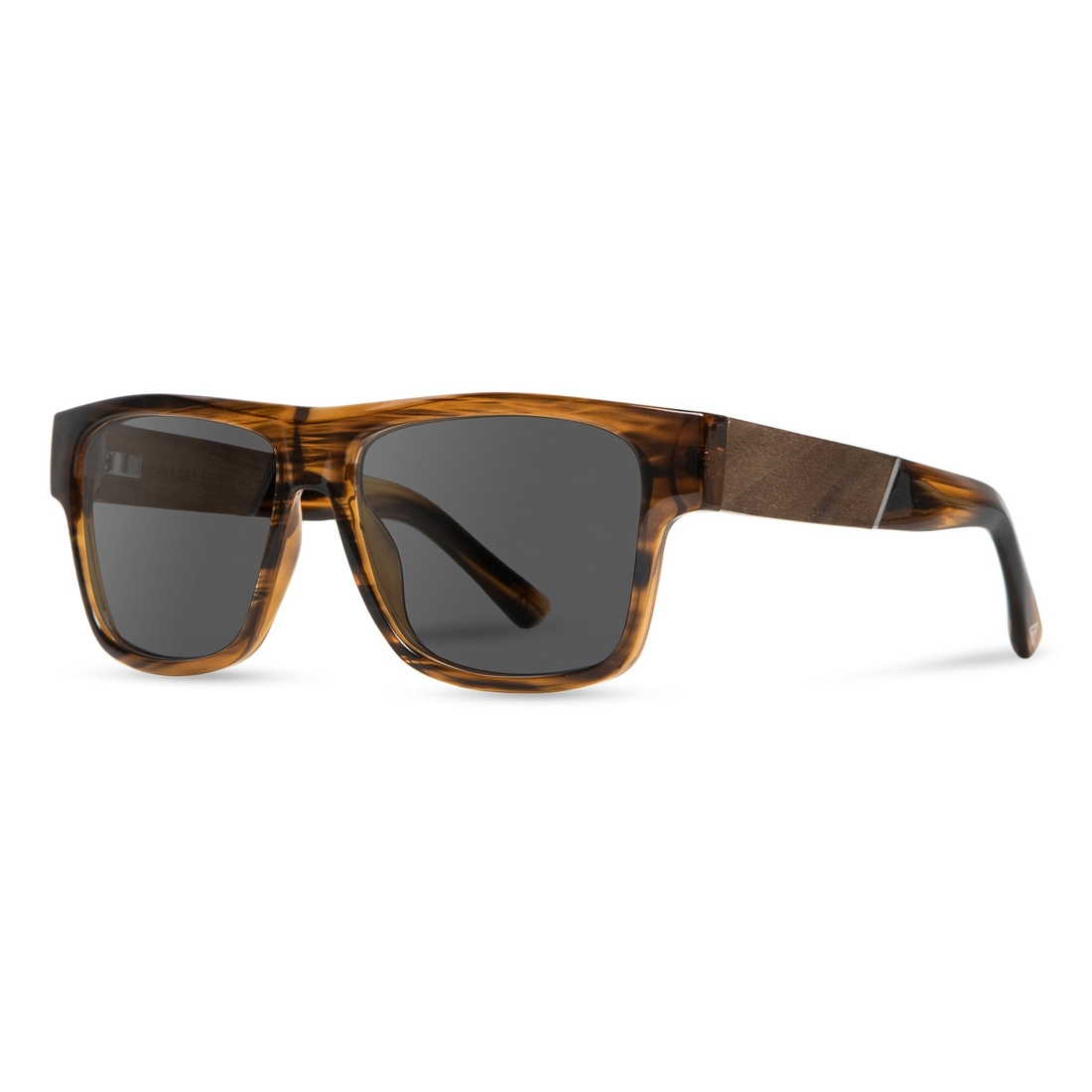 Cliff Sunglasses with tortoise frame and HD Plus grey polarized lenses, angled side view showing the walnut temple