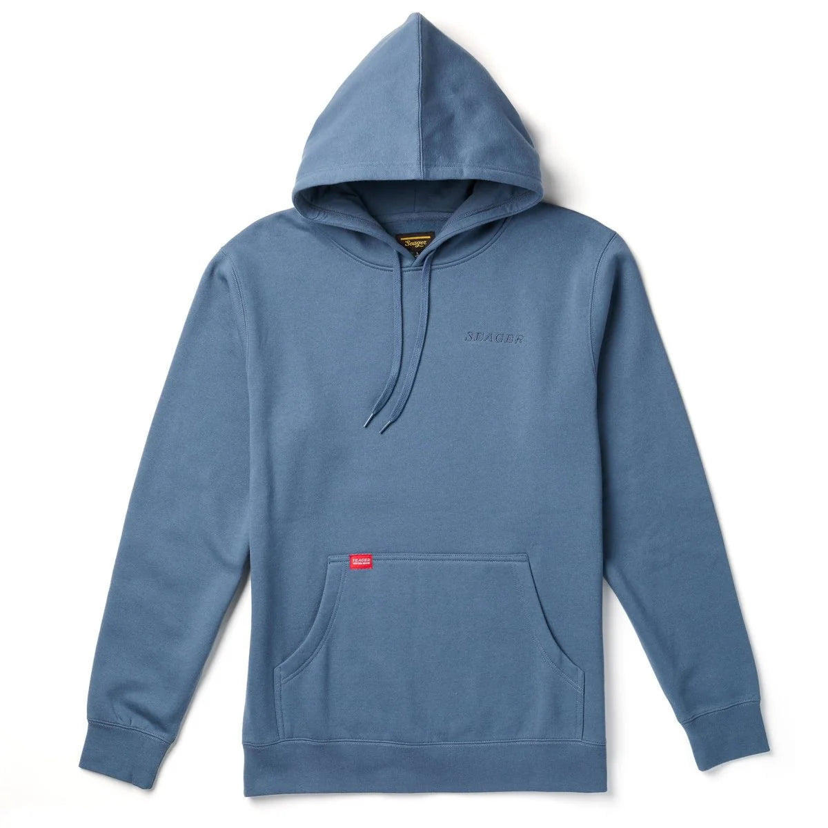 Full front view of Seager Company hoodie in petrol blue with drawstring hood and kangaroo pocket – men’s premium hoodie from The Simple Man