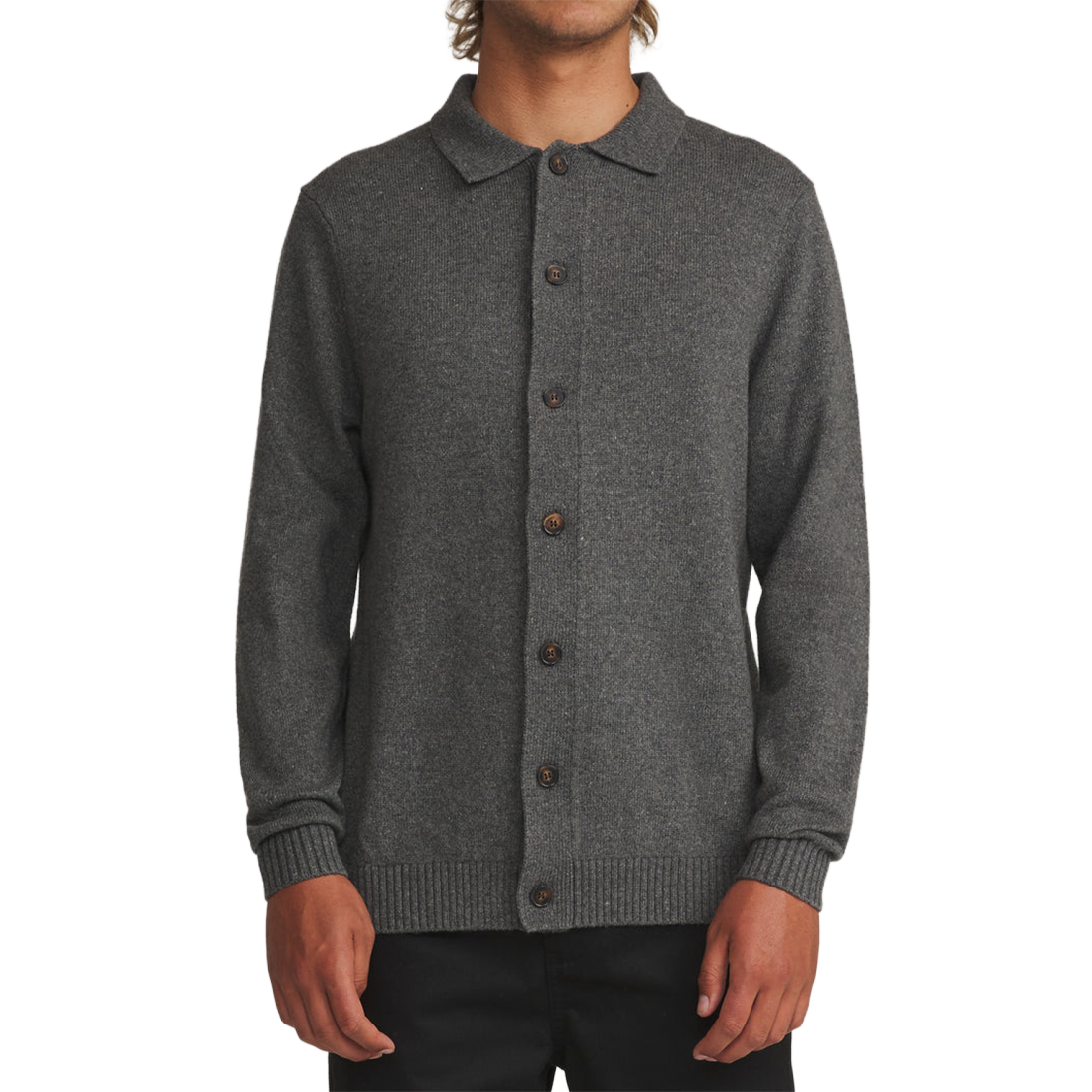Katin Conor Sweater in Dark Heather Gray, on-model front view with pointed collar and button front