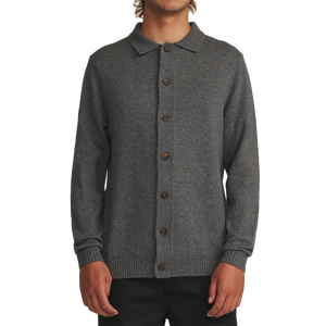 Katin Conor Sweater in Dark Heather Gray, on-model front view with pointed collar and button front