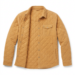 Flat lay of Corduroy Quilted Shacket in Camel, snap front partly open to show diamond quilted lining - The Simple Man