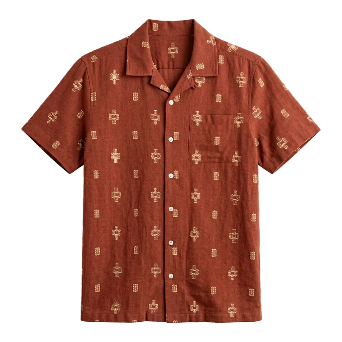 Men's red cotton jacquard camp shirt flat lay – 100% cotton short sleeve button down with all-over geometric woven pattern and camp collar