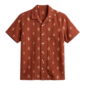 Men's red cotton jacquard camp shirt flat lay – 100% cotton short sleeve button down with all-over geometric woven pattern and camp collar
