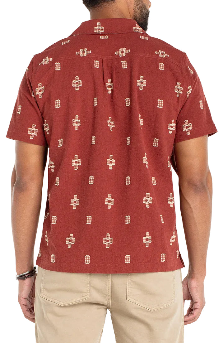 Men's red cotton jacquard camp shirt – back view showing relaxed fit and all-over woven geometric pattern on short sleeve button down