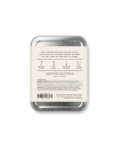 Craft travelers cocktail kit in a small tin, back of tin