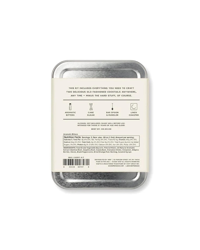 Craft travelers cocktail kit in a small tin, back of tin