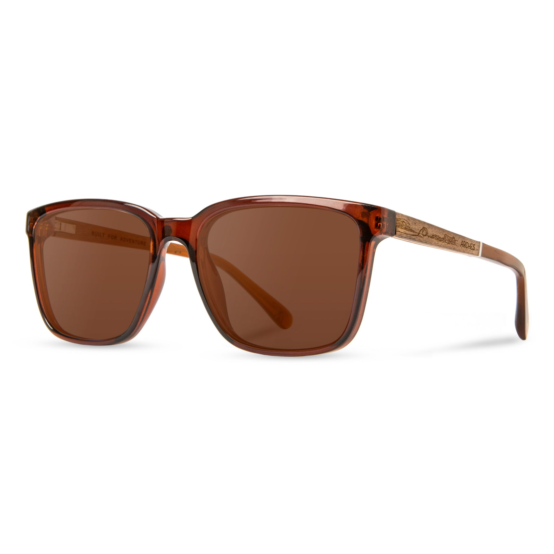 Crag Sunglasses Arches Edition clay frame with walnut temple, angled front view