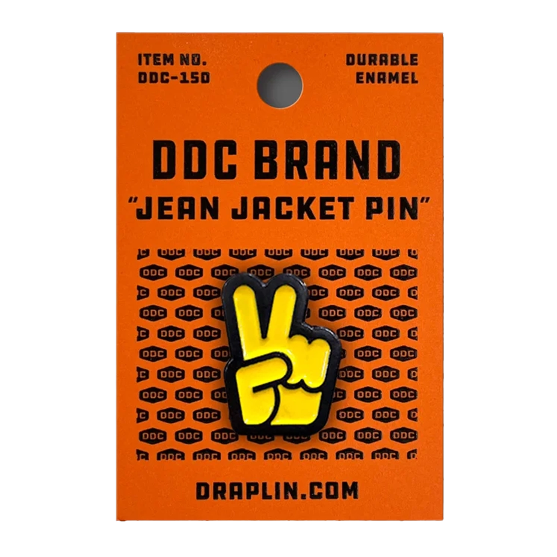 Draplin Design Co. DDC-187 Peace Fingers yellow enamel lapel pin on orange DDC Brand Jean Jacket Pin card — Yonder Yellow Burly Black enamel pin